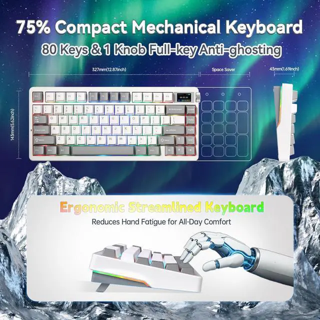 Alt view image 4 of 7 - X Aula Nova75 Mechanical Gaming Keyboard,75% Compact Wireless Keyboard with Screen & Knob,Gamer for Pre-lubed Switches 8000mAh Computer Keyboards,RGB Backlit,Custom Hot Swappable,BT/2.4GHz/USB-C