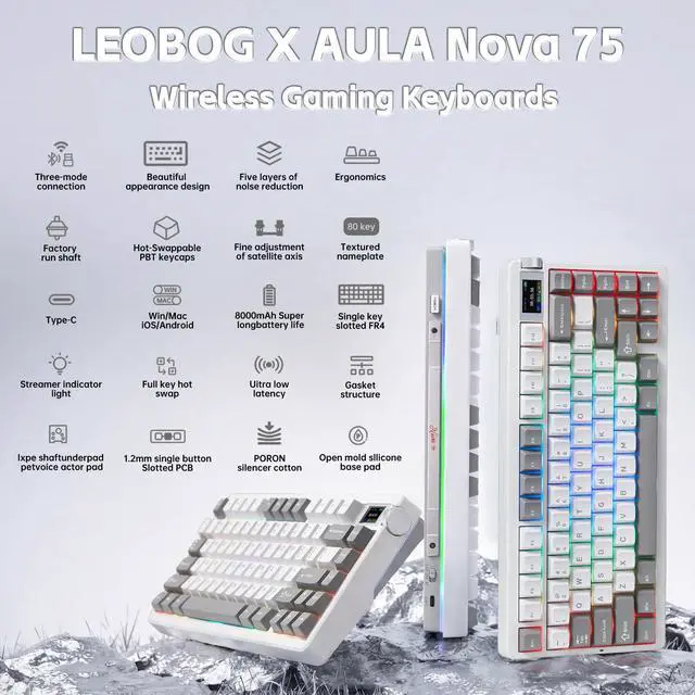 Alt view image 2 of 7 - X Aula Nova75 Mechanical Gaming Keyboard,75% Compact Wireless Keyboard with Screen & Knob,Gamer for Pre-lubed Switches 8000mAh Computer Keyboards,RGB Backlit,Custom Hot Swappable,BT/2.4GHz/USB-C