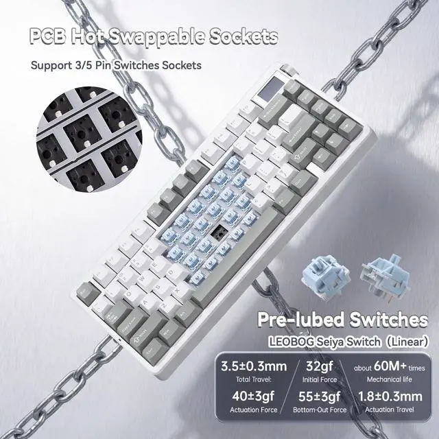 Alt view image 5 of 7 - X Aula Nova75 Mechanical Gaming Keyboard,75% Compact Wireless Keyboard with Screen & Knob,Gamer for Pre-lubed Switches 8000mAh Computer Keyboards,RGB Backlit,Custom Hot Swappable,BT/2.4GHz/USB-C