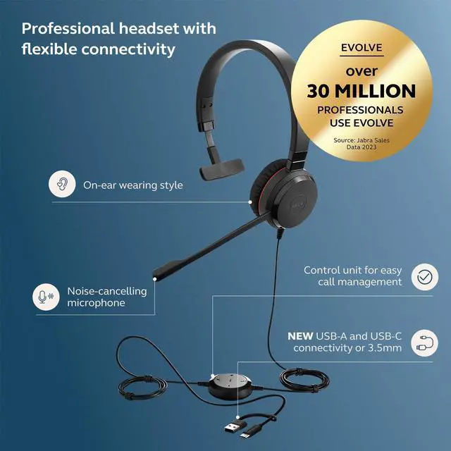 Alt view image 2 of 6 - Evolve 30 II (2025 Edition) Wired Single-Ear Headset with Mic - 3.5mm Jack, USB-A/USB-C Connectivity, with Noise-Canceling Microphone, Works with Online Meeting Platforms - Black