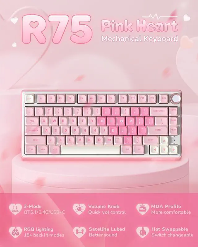 Alt view image 2 of 7 - R75 Wireless Mechanical Keyboard, 75% Creamy Gaming Keyboard with Knob, Bluetooth/2.4GHz/USB Wired RGB Hot Swappable Keyboards, MDA Profile PBT Keycaps, Pre-lubed Linear Switches, Pink