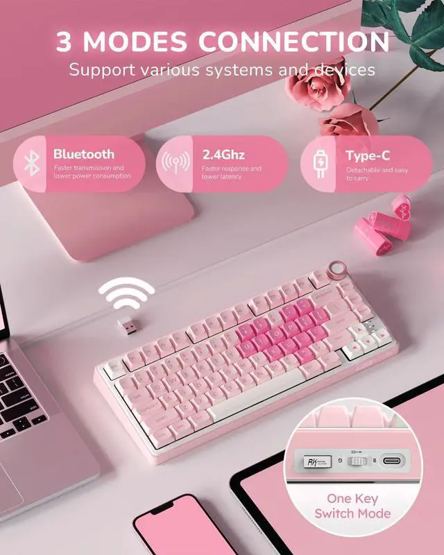 Alt view image 3 of 7 - R75 Wireless Mechanical Keyboard, 75% Creamy Gaming Keyboard with Knob, Bluetooth/2.4GHz/USB Wired RGB Hot Swappable Keyboards, MDA Profile PBT Keycaps, Pre-lubed Linear Switches, Pink
