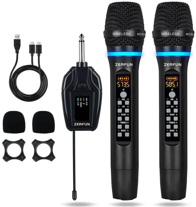 Main image of Dual Wireless Microphones Rechargeable, UHF Metal Wireless Mic System Cordless Microphone Professional with Echo Treble BASS VOL Channel Control for Karaoke Singing Church Events