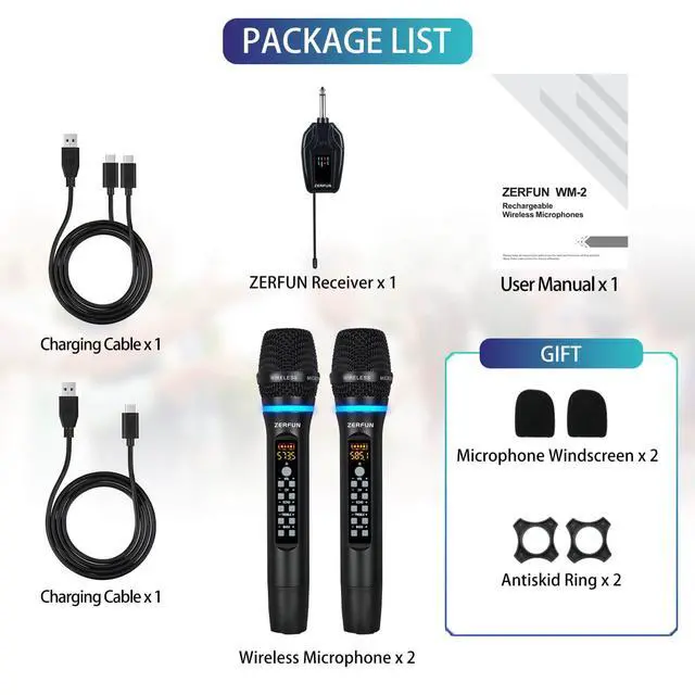 Alt view image 7 of 7 - Dual Wireless Microphones Rechargeable, UHF Metal Wireless Mic System Cordless Microphone Professional with Echo Treble BASS VOL Channel Control for Karaoke Singing Church Events