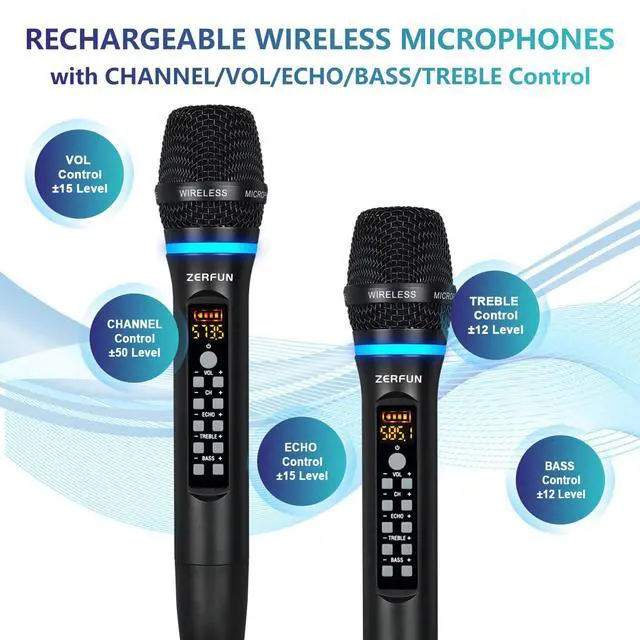 Alt view image 3 of 7 - Dual Wireless Microphones Rechargeable, UHF Metal Wireless Mic System Cordless Microphone Professional with Echo Treble BASS VOL Channel Control for Karaoke Singing Church Events