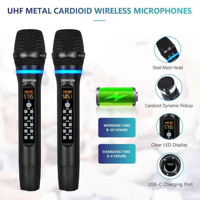 Alt view image 4 of 7 - Dual Wireless Microphones Rechargeable, UHF Metal Wireless Mic System Cordless Microphone Professional with Echo Treble BASS VOL Channel Control for Karaoke Singing Church Events