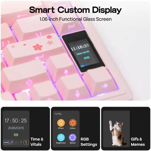 Alt view image 3 of 7 - TH80 V2 PRO Wireless Gaming Keyboard with Screen&Knob, 10000mAh, 2.4Ghz/BT/USB-C, RGB, Hot Swap, Custom Driver, NKRO, PBT Keycap, Mechanical Keyboard for PC/Mac (Pink, Sea Salt Silent)