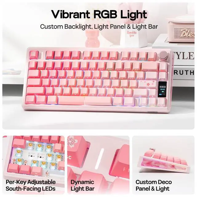 Alt view image 4 of 7 - TH80 V2 PRO Wireless Gaming Keyboard with Screen&Knob, 10000mAh, 2.4Ghz/BT/USB-C, RGB, Hot Swap, Custom Driver, NKRO, PBT Keycap, Mechanical Keyboard for PC/Mac (Pink, Sea Salt Silent)