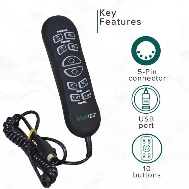 Alt view image 5 of 7 - 10-Button 5-Pin Replacement Remote Hand Control for Pride VivaLift Lift Chair (Standard & Early Version Viva Lift 2) - (CTL1707190) for Standard & Early Version VivaLift 2 Models