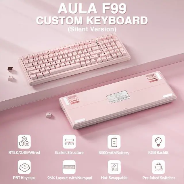 Alt view image 2 of 7 - F99 Wireless Mechanical Keyboard-Silent Version,Tri-Mode(BT5.0/2.4GHz/USB-C),Gasket Structure,Hot Swappable Mechanical Keyboard with Pre-lubed Linear Switches,RGB Backlit PC Gaming Keyboards,Pink