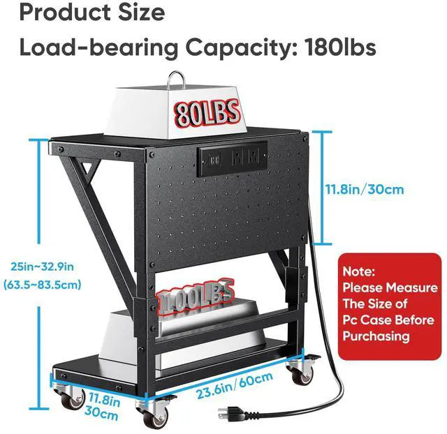 Alt view image 2 of 6 - Computer Tower Stand with Charge Station and USB Port,Pc CPU Holder Cart for Floor Carpet with Wheels,Heavy Duty Metal,Adjustable Height,Rolling Pc Printer Desktop Under Desk for Home Office