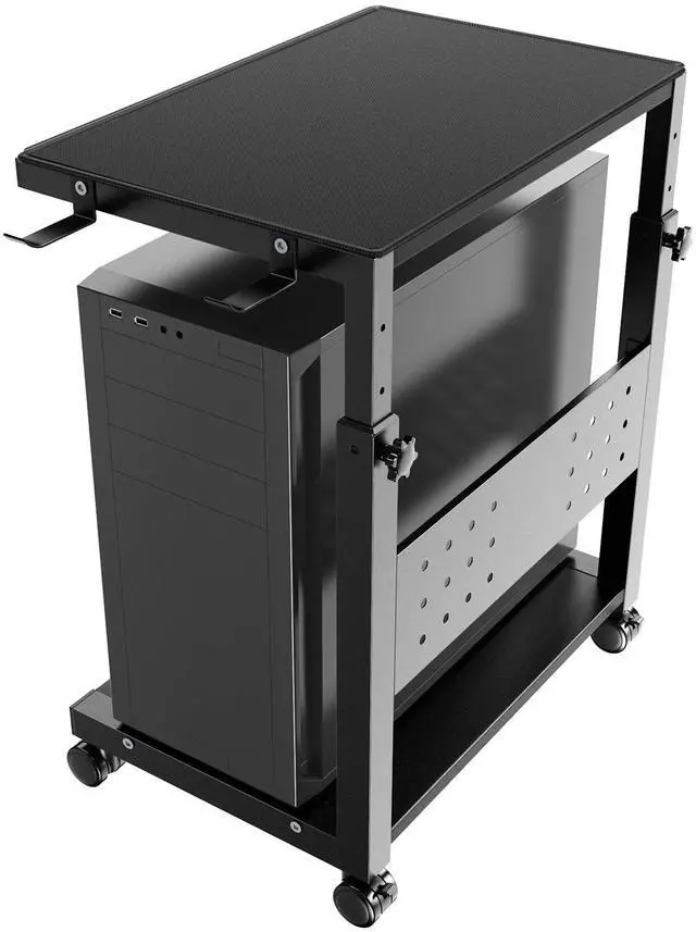 Main image of Computer Tower Stand Cart - 2-Tier CPU Cart with 4 Casters, Rolling Holder with Pegboard & 2 Hooks, Height Adjustable from 20 7/16" to 30 1/4", for Office Home Gaming
