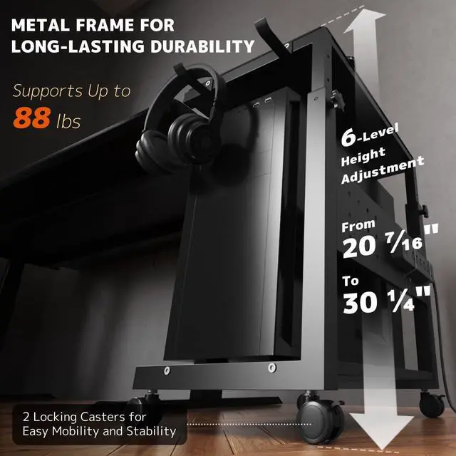 Alt view image 2 of 5 - Computer Tower Stand Cart - 2-Tier CPU Cart with 4 Casters, Rolling Holder with Pegboard & 2 Hooks, Height Adjustable from 20 7/16" to 30 1/4", for Office Home Gaming