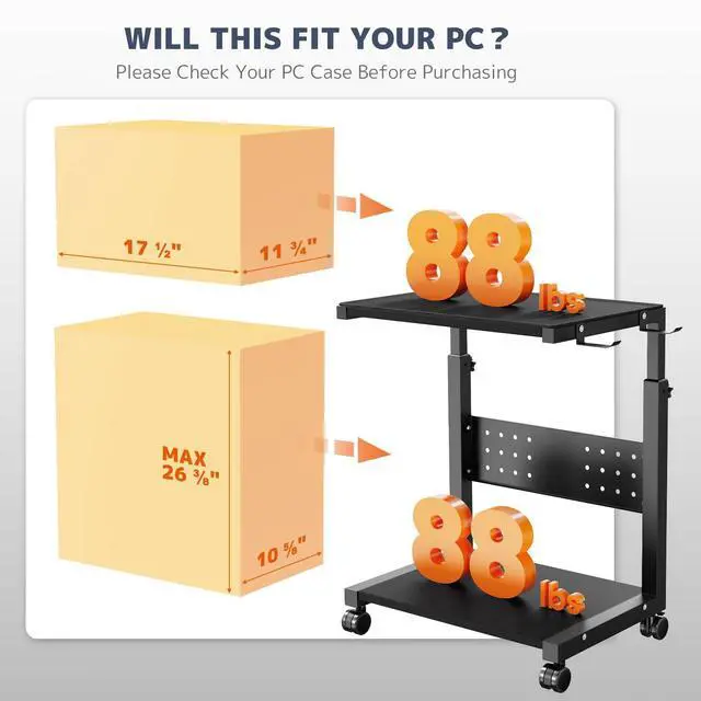 Alt view image 3 of 5 - Computer Tower Stand Cart - 2-Tier CPU Cart with 4 Casters, Rolling Holder with Pegboard & 2 Hooks, Height Adjustable from 20 7/16" to 30 1/4", for Office Home Gaming