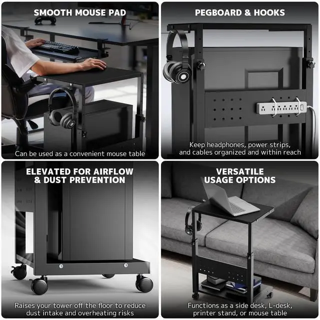 Alt view image 5 of 5 - Computer Tower Stand Cart - 2-Tier CPU Cart with 4 Casters, Rolling Holder with Pegboard & 2 Hooks, Height Adjustable from 20 7/16" to 30 1/4", for Office Home Gaming