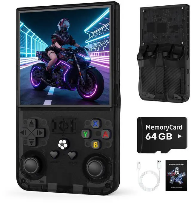 Main image of R36MAX Retro Handheld Game Console, 64GB Retro Gmaing Console with 4.0 Inch IPS HD Screen, Portable Retro Gaming Console, Support 30+ Emulator Console Video Game Console, Transparent Black