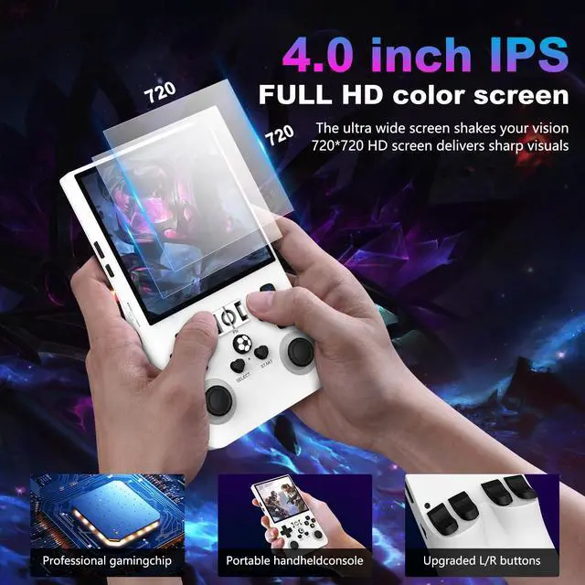 Alt view image 2 of 6 - R36MAX Retro Handheld Game Console, 4.0 Inch 720x720 IPS Screen, 64GB Built-in 18,000+ Classic Game, Portable Hand Held Open Source Linux System, 4000mAh Battery Retro Gaming Console(White 64GB)