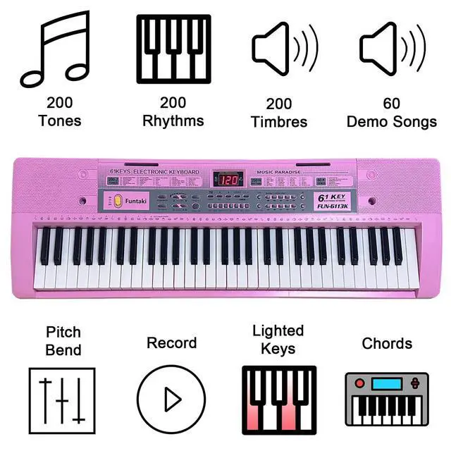 Alt view image 3 of 7 - 61 Key Electronic Keyboard Piano with Lighted Up Keys, Musical Mini Keyboard Piano with keyboard stand, Digital Portable Synthesizer Keyboards for Beginners Kids Adults (pink)