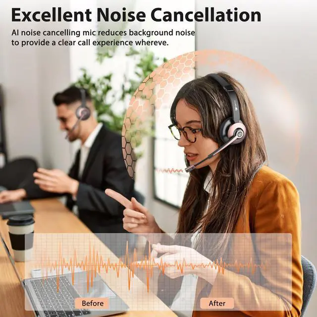 Alt view image 2 of 7 - Wireless Headset with Mic for Work, Bluetooth Headset with Noise Cancelling Mic & USB Dongle for Meeting, Single Ear Work Headset with Charging Base & Mute for Teams/Zoom/Home/Office/Computer/Laptop