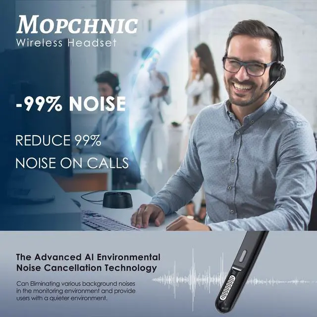 Alt view image 3 of 7 - Bluetooth Headset, Wireless Headset with AI Noise-Canceling Microphone, On Ear Wireless Headset with USB Dongle for Work from Home Computer Office