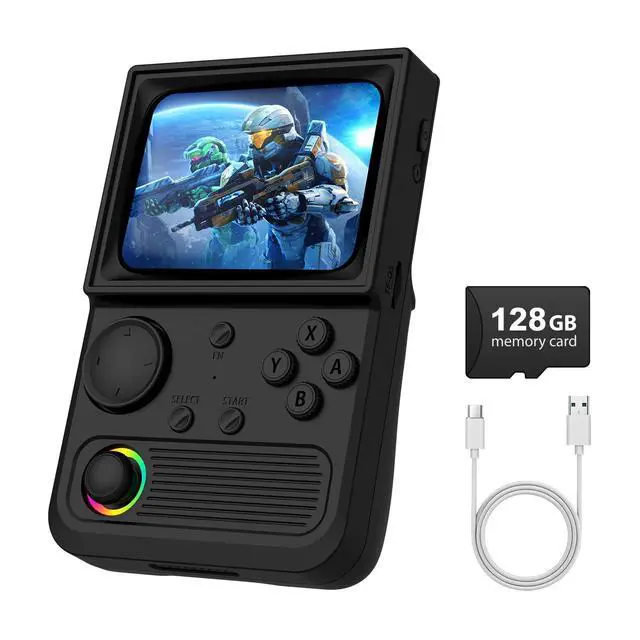 Main image of R36T Retro Gaming Console, 3.5''IPS Screen CRT-Inspired, Handheld Game Console 64GB with 18000+ Classic Games Supports WiFi Networked Fighting and OTG, 3500mAh Battery,with Portable Case(Black 128GB)