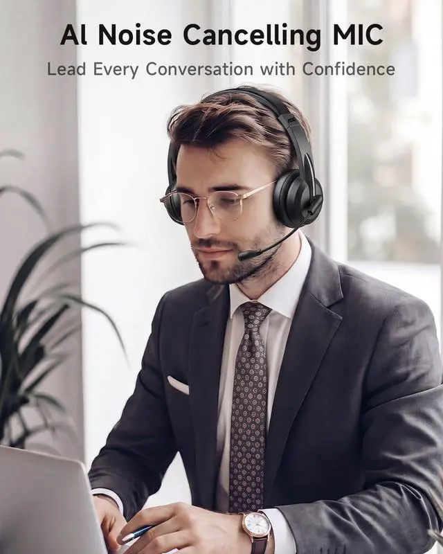 Alt view image 2 of 7 - Wireless Headset with Mic for Work, Bluetooth 5.4 Wireless Headset with AI Noise Canceling Mics, USB A/C Dongle, Charging Base & Mic Mute, Wireless Headphones with Mic for Laptop, PC (Black)