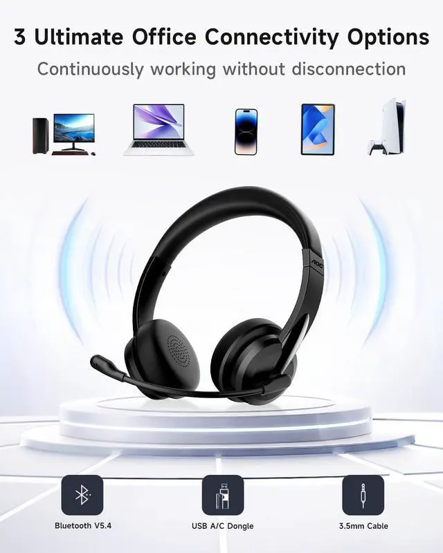 Alt view image 7 of 7 - Wireless Headset with Mic for Work, Bluetooth 5.4 Wireless Headset with AI Noise Canceling Mics, USB A/C Dongle, Charging Base & Mic Mute, Wireless Headphones with Mic for Laptop, PC (Black)