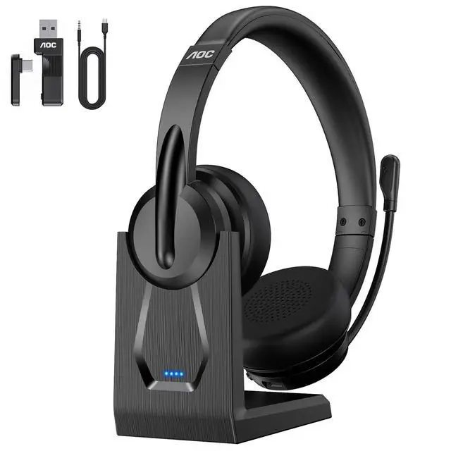 Main image of Wireless Headset with Mic for Work, Bluetooth 5.4 Wireless Headset with AI Noise Canceling Mics, USB A/C Dongle, Charging Base & Mic Mute, Wireless Headphones with Mic for Laptop, PC (Black)