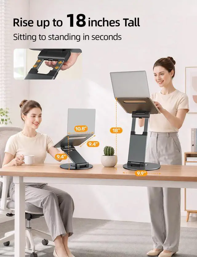 Alt view image 3 of 7 - Telescopic 360 Rotating Laptop Stand for Desk Adjustable Height Swivel Pull Out Design Ergonomic Laptop Riser Standing Desk Converter Fits All 10-17" Laptops Computer MacBook, Gray
