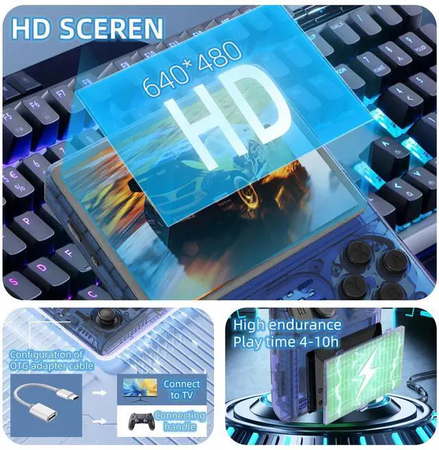 Alt view image 4 of 7 - R40S PRO Retro Gaming Console, 30000+ HD Games Handheld Game Console, 3800mAh Rechargeable Mini Retro Video Console with 256GB TF Card, Portable Pocket Arcade (Transparent Blue)