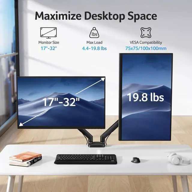 Alt view image 2 of 7 - Dual Monitor Arm, Computer Desk Arm with VESA Mounts for 1732 Screens, Fully Adjustable Gas Spring Monitor Stand, C-Clamp and Grommet Mounting Base, Fits 4.4 to 19.8lbs Computer Monitors