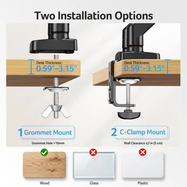 Alt view image 5 of 7 - Dual Monitor Arm, Computer Desk Arm with VESA Mounts for 1732 Screens, Fully Adjustable Gas Spring Monitor Stand, C-Clamp and Grommet Mounting Base, Fits 4.4 to 19.8lbs Computer Monitors