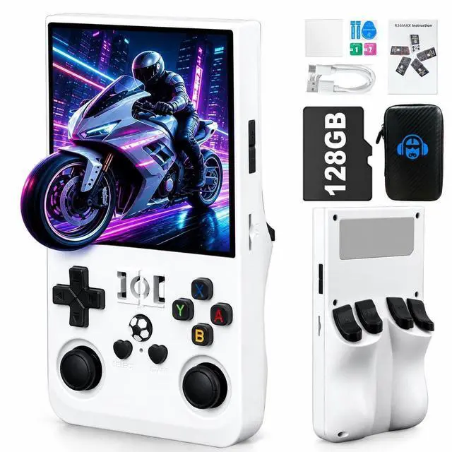 Main image of R36MAX Handheld Game Console - 4.0-Inch Screen, Support 22000+Classic Games,128G TF Card,Portable Console with Open Source System,4000mAh Battery,Birthday Gift for Adult or Partner - White