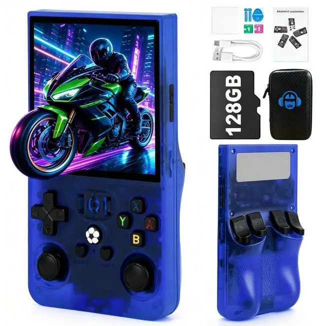 Main image of R36MAX Handheld Game Console - 4.0-Inch Screen, Support 22000+Classic Games,128G TF Card,Portable Console with Open Source System,4000mAh Battery,Birthday Gift for Adult or Partner - Blue