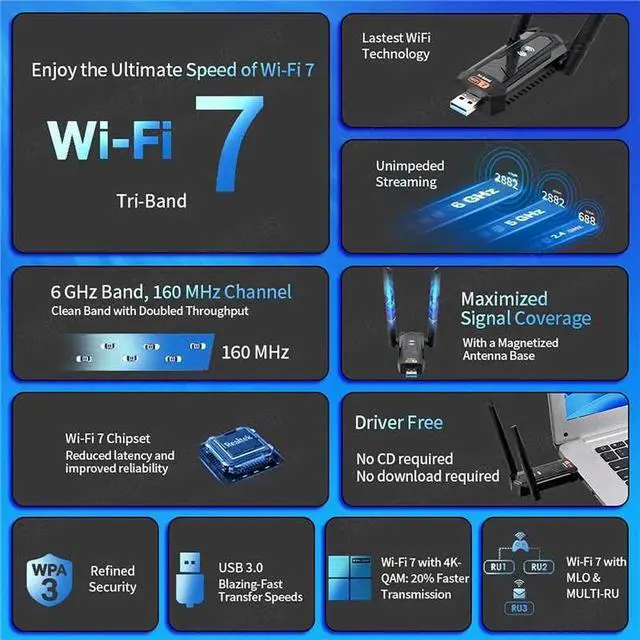 Alt view image 3 of 7 - BE6500 Wi-Fi 7 USB WiFi Adapter for Desktop PC, Laptop, 6452Mbps Tri-Band Wireless Network Card,5dBi High Gain Antennas, USB 3.0 Driver-Free for Windows 11/10 only