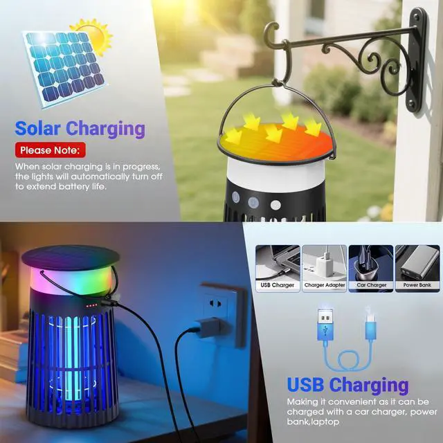 Alt view image 2 of 7 - Solar Bug Zapper Outdoor, Portable Electric Mosquito Killer with Panel Sensor, Rechargeable Insect Trap with LED Night Light and Flame Effect, Ideal for Outside Patio, Backyard, and Camping (1 Pack)
