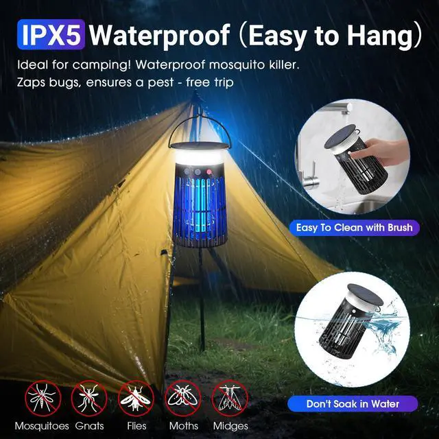 Alt view image 4 of 7 - Solar Bug Zapper Outdoor, Portable Electric Mosquito Killer with Panel Sensor, Rechargeable Insect Trap with LED Night Light and Flame Effect, Ideal for Outside Patio, Backyard, and Camping (1 Pack)