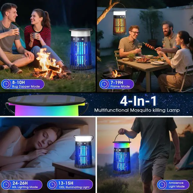 Alt view image 5 of 7 - Solar Bug Zapper Outdoor, Portable Electric Mosquito Killer with Panel Sensor, Rechargeable Insect Trap with LED Night Light and Flame Effect, Ideal for Outside Patio, Backyard, and Camping (1 Pack)