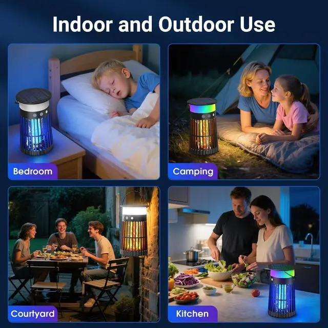 Alt view image 6 of 7 - Solar Bug Zapper Outdoor, Portable Electric Mosquito Killer with Panel Sensor, Rechargeable Insect Trap with LED Night Light and Flame Effect, Ideal for Outside Patio, Backyard, and Camping (1 Pack)