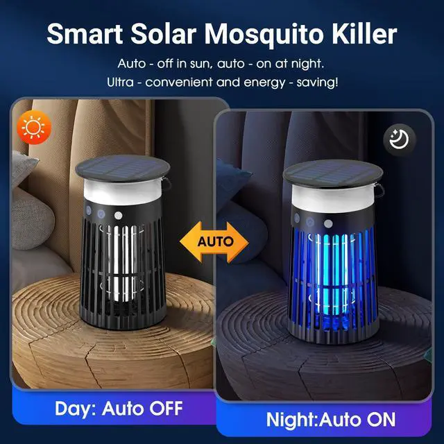 Alt view image 3 of 7 - Solar Bug Zapper Outdoor, Portable Electric Mosquito Killer with Panel Sensor, Rechargeable Insect Trap with LED Night Light and Flame Effect, Ideal for Outside Patio, Backyard, and Camping (1 Pack)