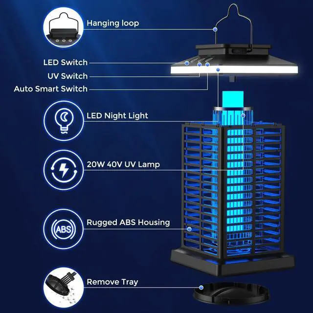 Alt view image 7 of 7 - Bug Zapper Outdoor, Mosquito Zapper 2 in 1 Portable & Rechargeable Bug Zapper Outdoor with 5000mAh Battery & LED Night Light, 4000V Electric Fly Zapper for Outside,Patio,Backyard,Garden