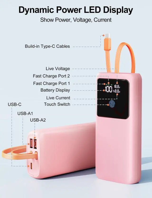 Alt view image 5 of 7 - Portable Charger, 24000mAh 65W Fast Charging Power Bank with Built-in Cable, USB C Battery Pack with LED Display, TSA-Approved Laptop Charger Bank for Macbook/Notebook/iPad/iPhone/Samsung Pink