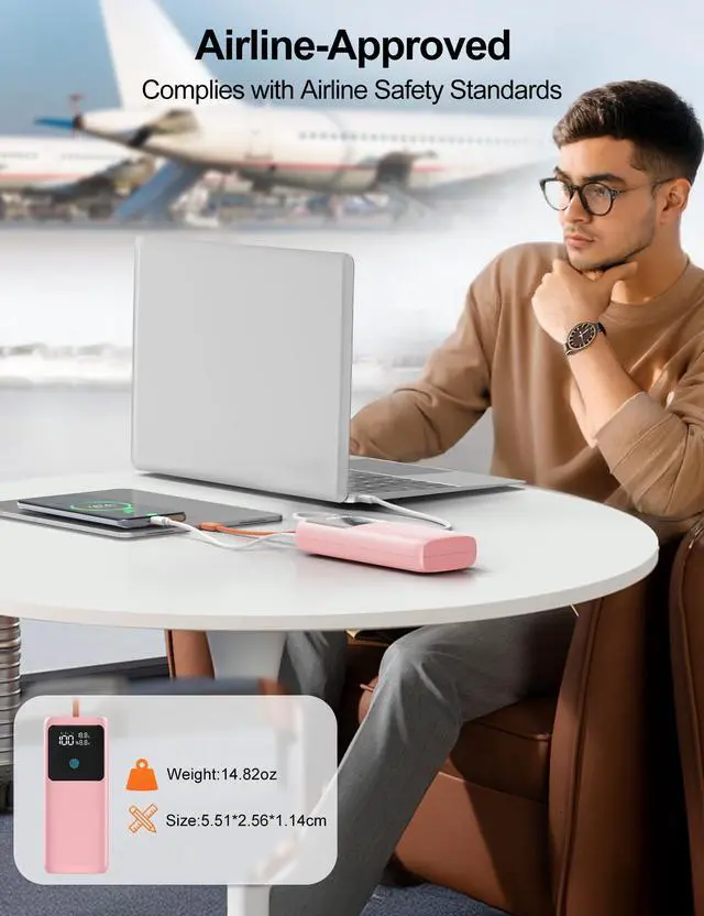 Alt view image 7 of 7 - Portable Charger, 24000mAh 65W Fast Charging Power Bank with Built-in Cable, USB C Battery Pack with LED Display, TSA-Approved Laptop Charger Bank for Macbook/Notebook/iPad/iPhone/Samsung Pink