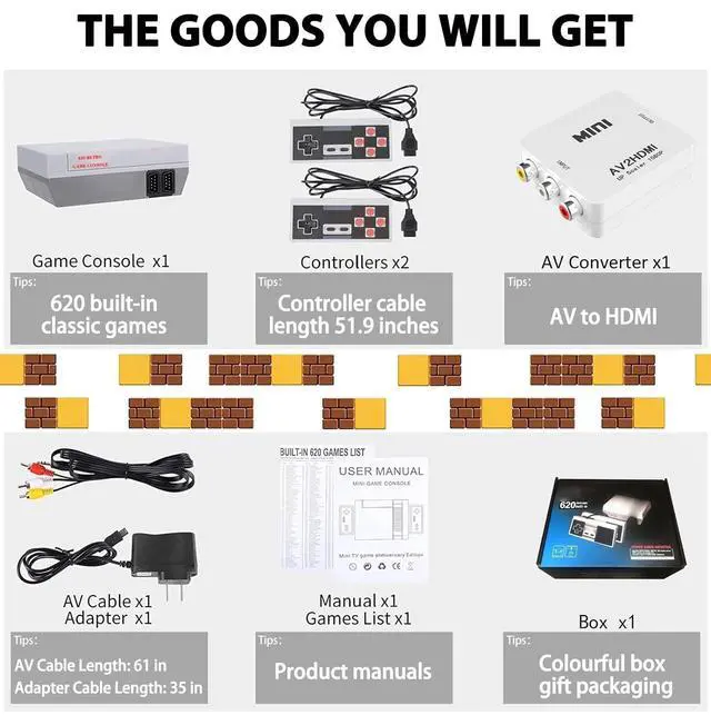 Alt view image 7 of 7 - Retro Gaming Console Built-in 620+ Games, 2026 Upgrade AV and HDMI Output Retro Game Console, 8-Bit Classic Video Gaming Consoles with 2 Controllers for Birthday Gifts