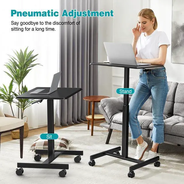 Alt view image 2 of 7 - Mobile Small Standing Desk, Portable Rolling Laptop Desk with 2 Lockable Wheels, Adjustable Height Computer Workstation for Home Office, 19 Inch Black