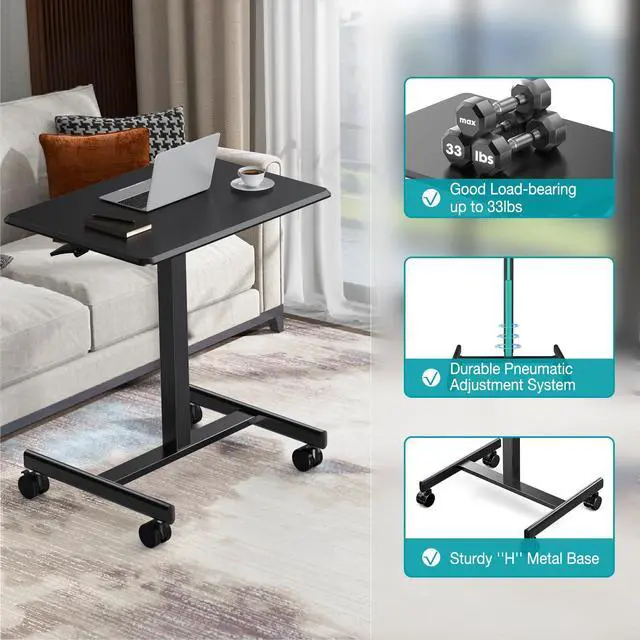Alt view image 5 of 7 - Mobile Small Standing Desk, Portable Rolling Laptop Desk with 2 Lockable Wheels, Adjustable Height Computer Workstation for Home Office, 19 Inch Black
