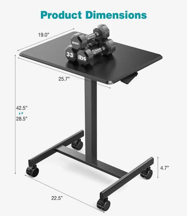 Alt view image 7 of 7 - Mobile Small Standing Desk, Portable Rolling Laptop Desk with 2 Lockable Wheels, Adjustable Height Computer Workstation for Home Office, 19 Inch Black