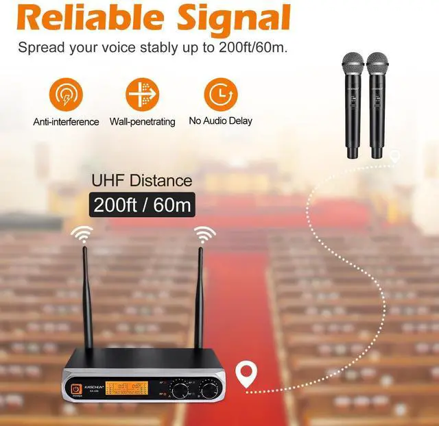 Alt view image 3 of 7 - Wireless Microphone System, Dual UHF Handheld Microphones, 200ft Long Range, Plug & Play, Cordless Microphone for Singing, Karaoke, DJ, Church, Wedding, Home KTV (KA-328)