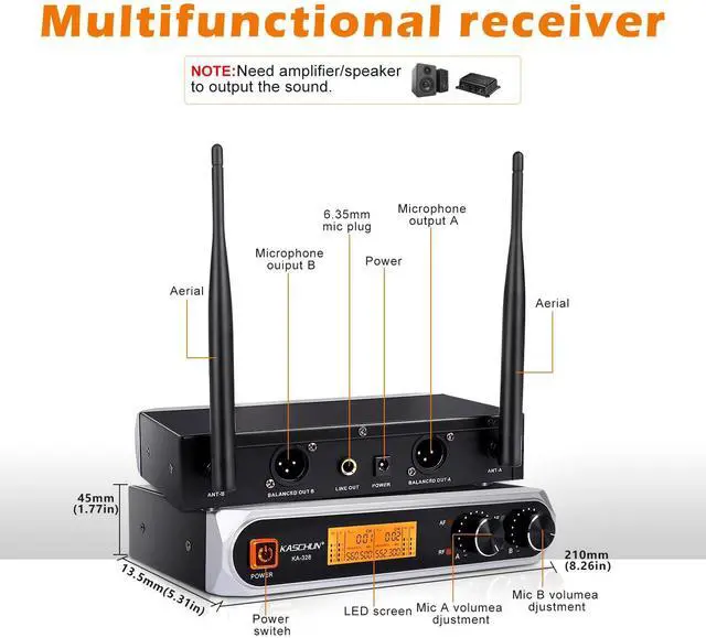 Alt view image 5 of 7 - Wireless Microphone System, Dual UHF Handheld Microphones, 200ft Long Range, Plug & Play, Cordless Microphone for Singing, Karaoke, DJ, Church, Wedding, Home KTV (KA-328)