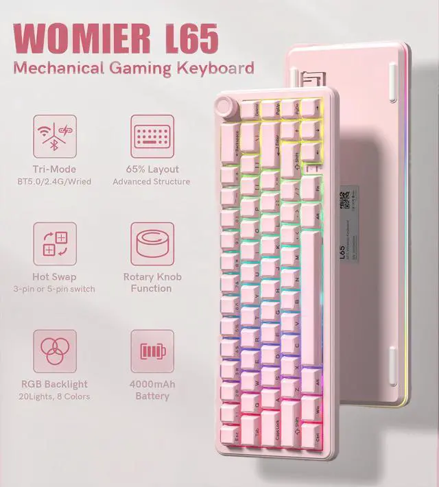 Alt view image 3 of 7 - womier L65 60% Pink Mechanical Keyboard with Knob,4000mAh,Tri Mode USB-C/BT5.0/2.4G,RGB Backlit,Hot Swap,Crystal Jelly keycaps,Linear Switch,Gasket Mounted Wireless Gaming Keyboard for PC/Mac